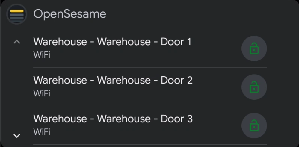 OpenSesame in Android Auto showing a list of doors for the Warehouse host, each with a lock/unlock toggle