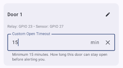 Door 1 settings card showing its relay and sensor GPIO pins, with a custom open-timeout override of 15 minutes
