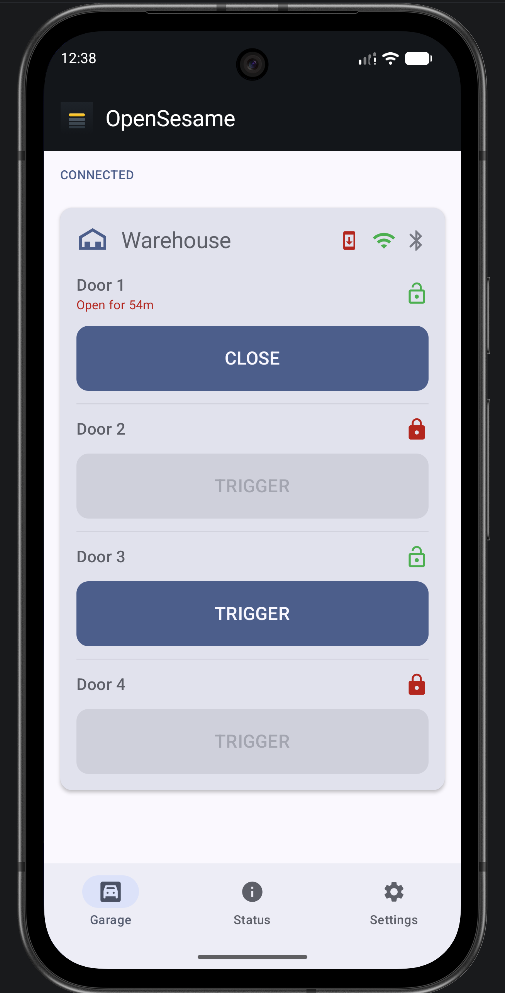 OpenSesame Android app showing a door open for 54 minutes with a Close button, and other doors' lock states