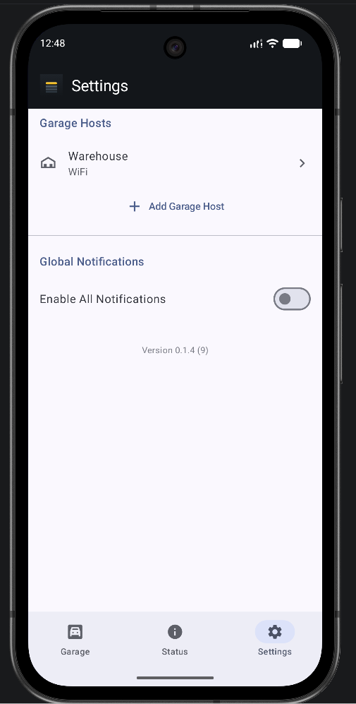 OpenSesame Settings screen showing a configured host with a link to its doors, and a Global Notifications section