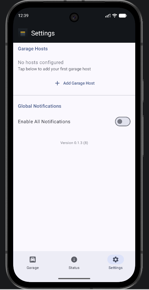 OpenSesame Settings tab showing no garage hosts configured, with an Add Garage Host button and Global Notifications section