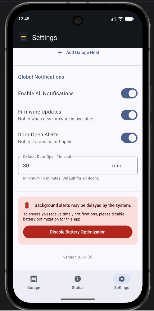 OpenSesame Android app notification settings: firmware update alerts and door-left-open alerts with a configurable timeout