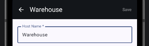 Host setup form with a Host Name field filled in as Warehouse, and a Save button