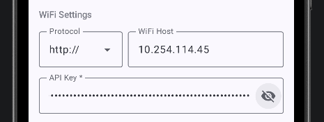 WiFi Settings form with protocol, host address, and API key fields